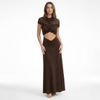 Vestido largo elegante para mujer con fruncidos | Vestido de noche con cuello alto y abertura