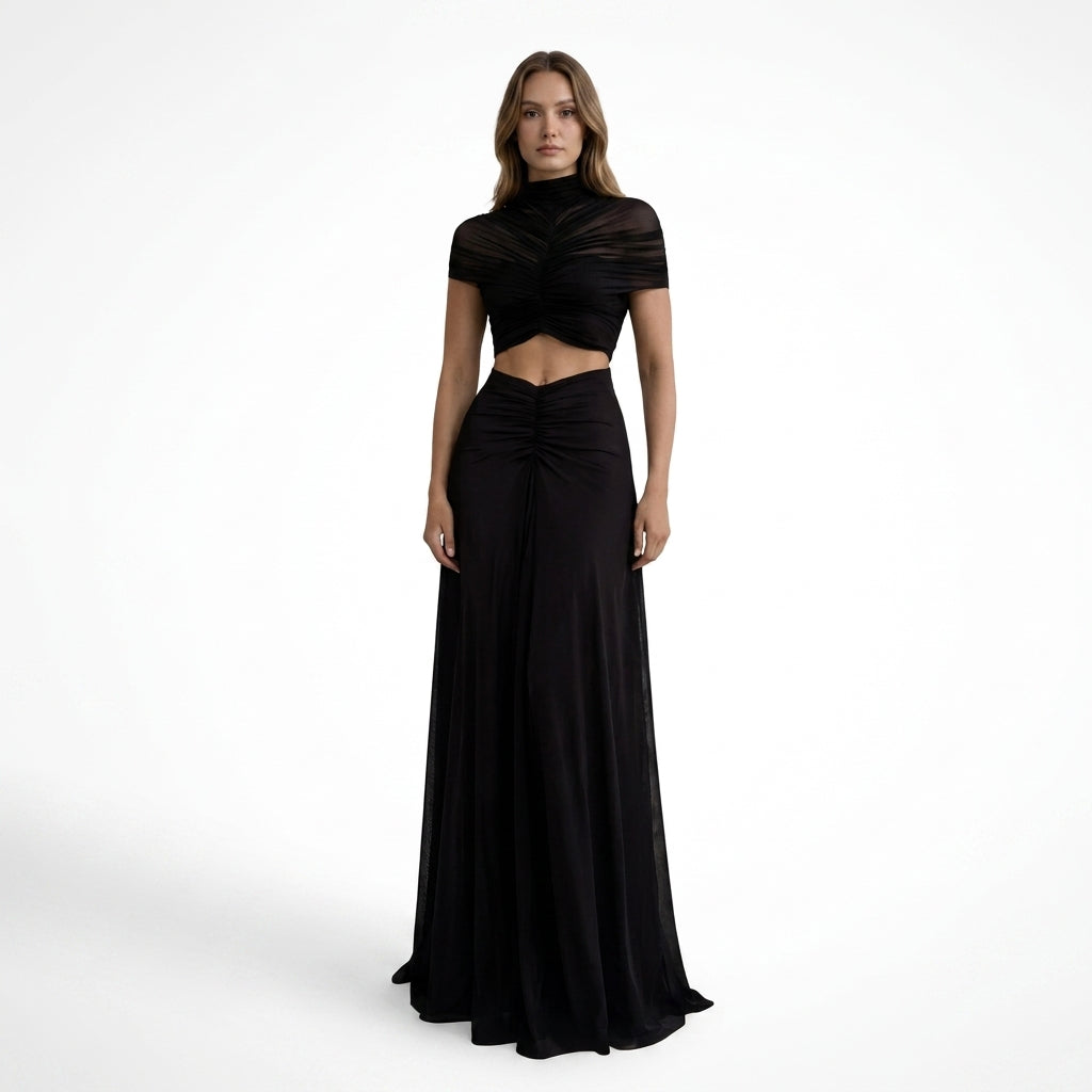 Womens Elegant Ruched Maxi Dress | High Neck Cut-Out Wedding Guest Gown 2