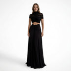 Vestido largo elegante para mujer con fruncidos | Vestido de invitada de boda con cuello alto y abertura