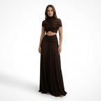 Vestido largo elegante para mujer con fruncidos | Vestido de invitada de boda con cuello alto y abertura