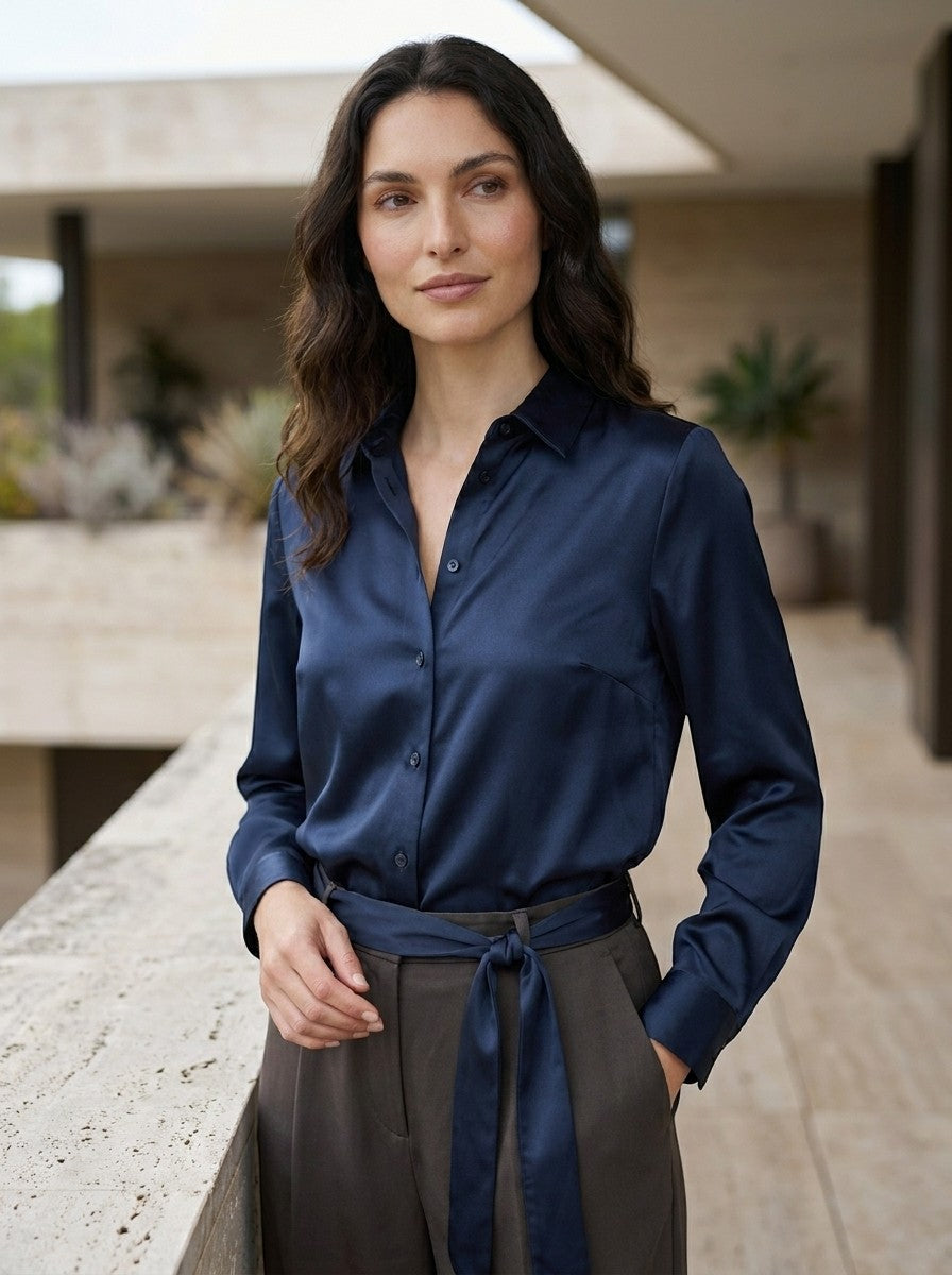 Womens Elegant Satin Blend Blouse | Stylish Long Sleeve Top for All Seasons 1