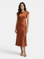 Womens Elegant Satin Midi Dress | Alluring Cap Sleeve Evening Cocktail Wear 2