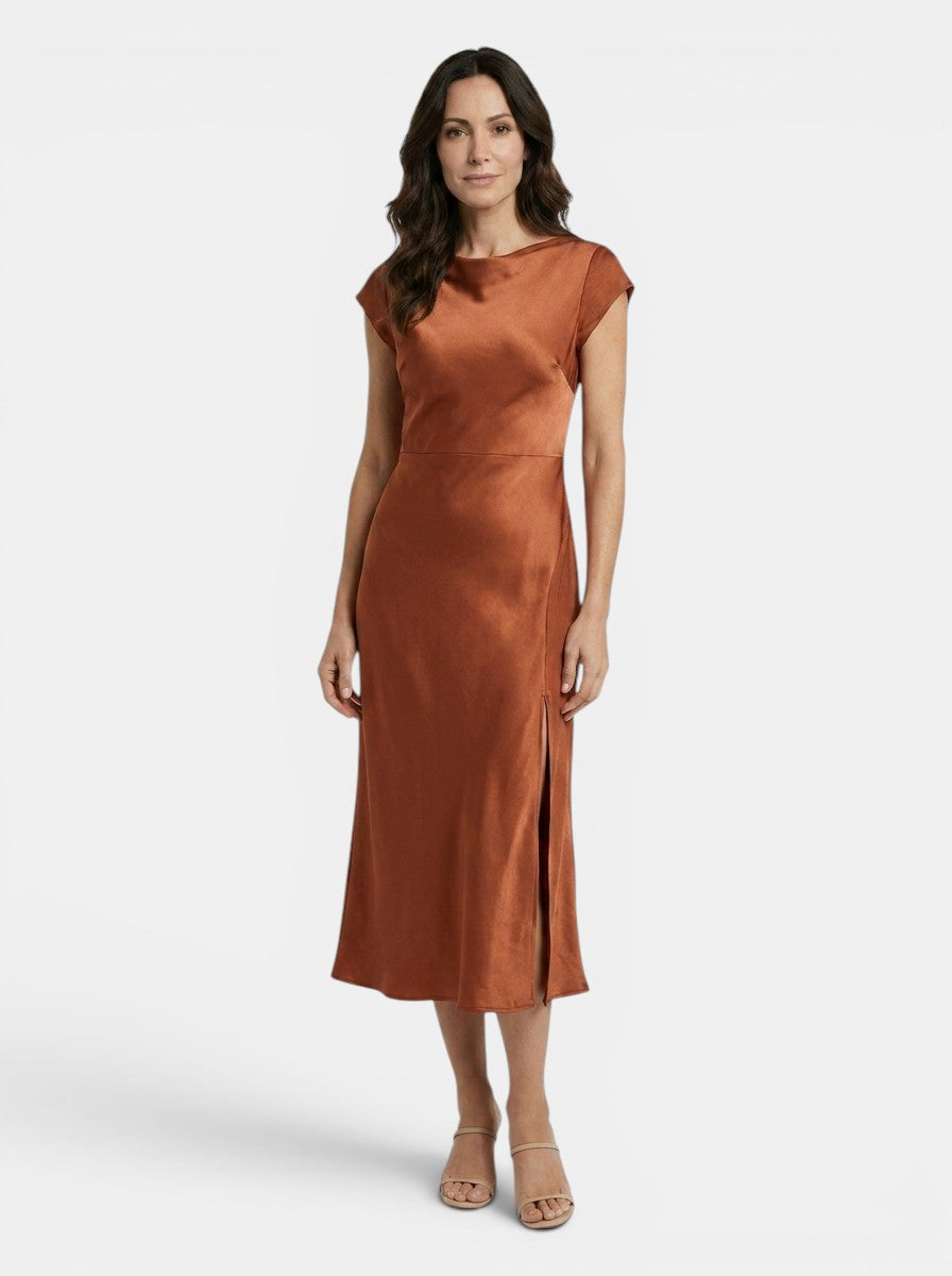Womens Elegant Satin Midi Dress | Alluring Cap Sleeve Evening Cocktail Wear 2