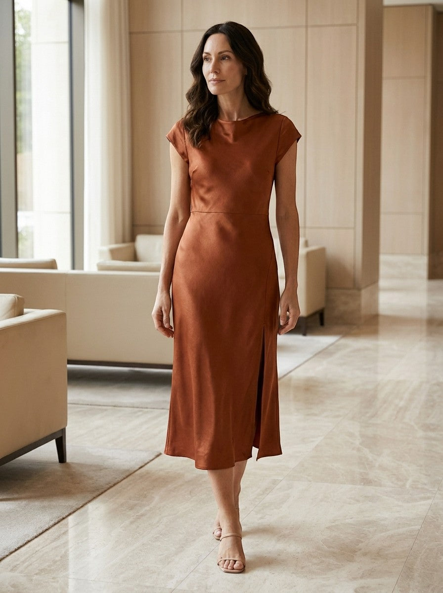 Womens Elegant Satin Midi Dress | Alluring Cap Sleeve Evening Cocktail Wear 1