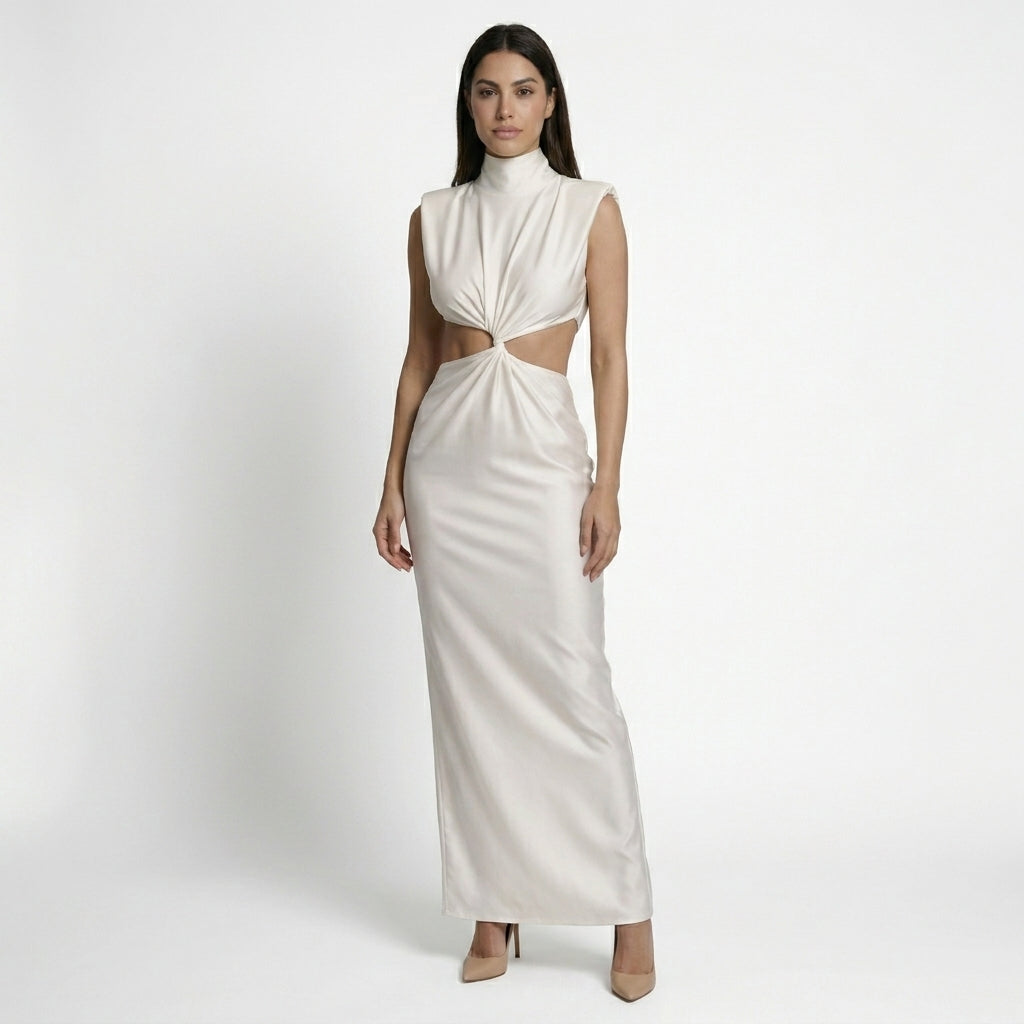 Abito lungo aderente da donna elegante con taglio intrecciato | Vestito senza maniche aderente con collo alto