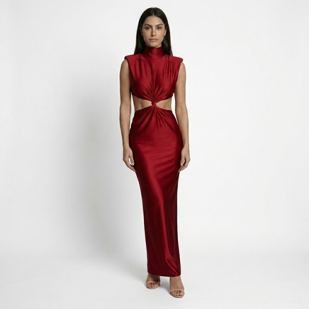 Abito lungo aderente da donna elegante con taglio intrecciato | Vestito senza maniche aderente con collo alto