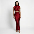 Vestido largo ajustado elegante para mujer con cortes torcidos | Vestido sin mangas ajustado con cuello alto