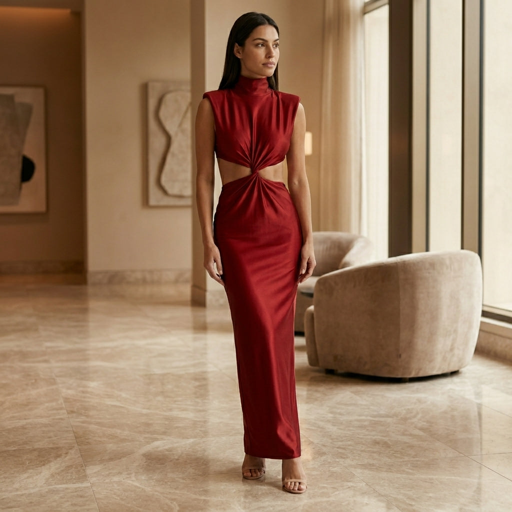 Vestido largo ajustado elegante para mujer con cortes torcidos | Vestido sin mangas ajustado con cuello alto