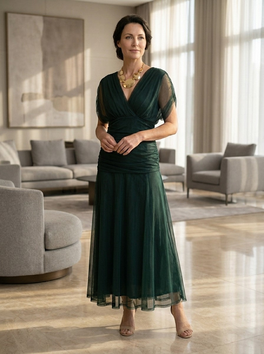 Womens Elegant V-Neck Maxi Dress | Flowing Cape Sleeve Formal Gown 1