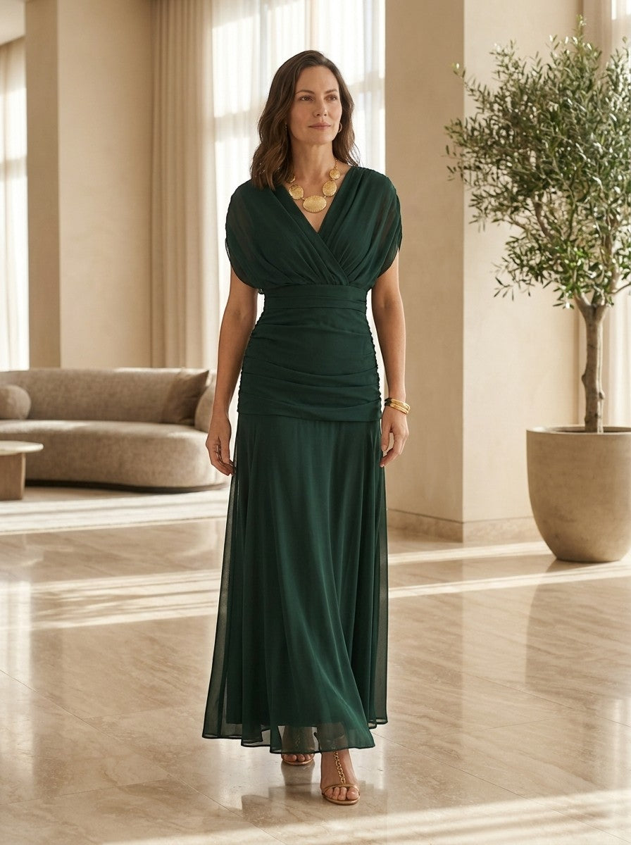 Womens Elegant V-Neck Maxi Dress | Flowing Short Sleeve Evening Gown 1