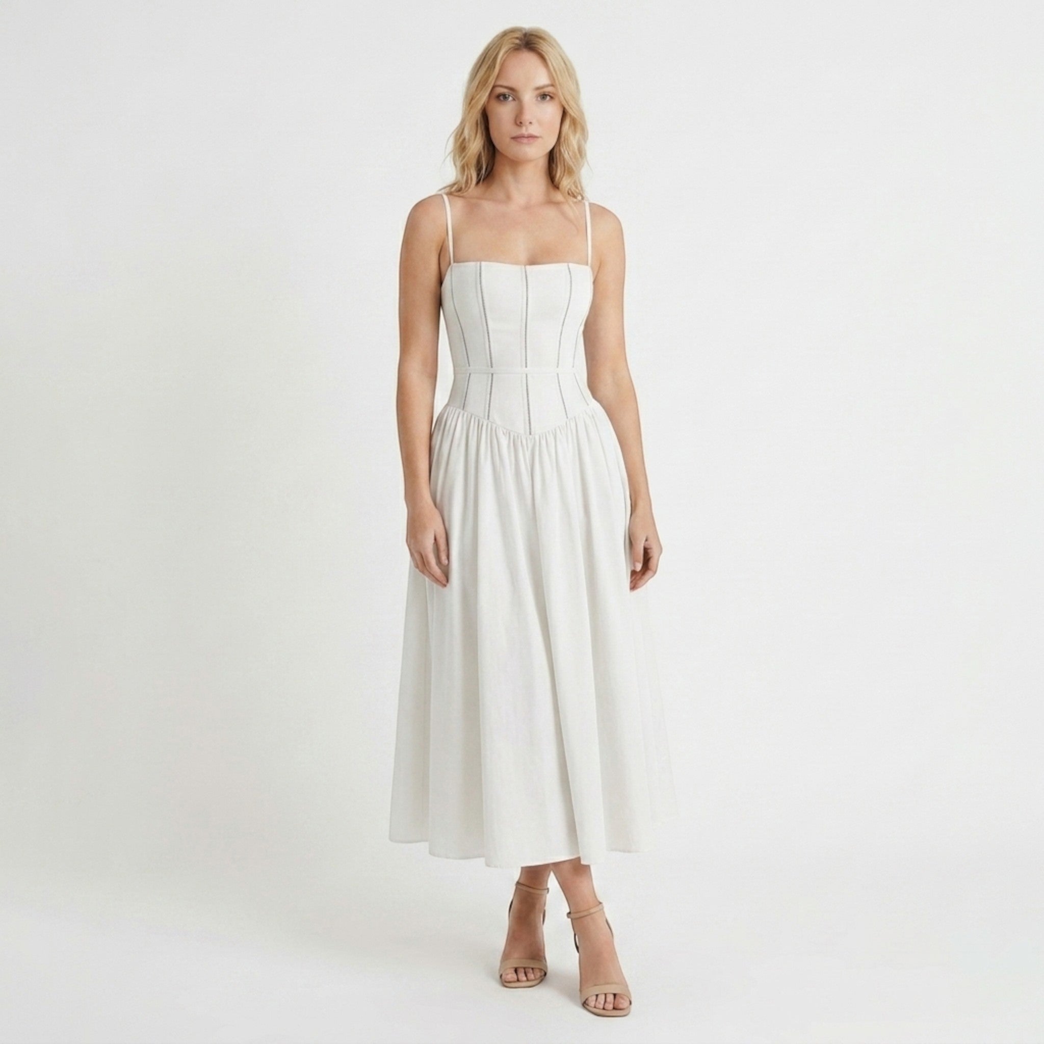 Robe midi blanche élégante avec corset pour femmes | Tenue de cocktail formelle intemporelle