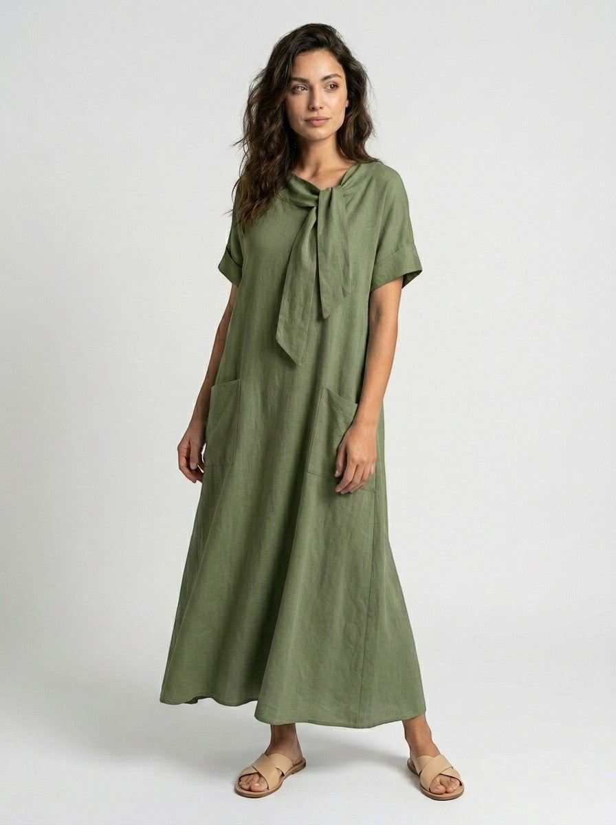 Robe maxi blanche élégante pour femme | Robe d'été charmante avec nœud chic au col