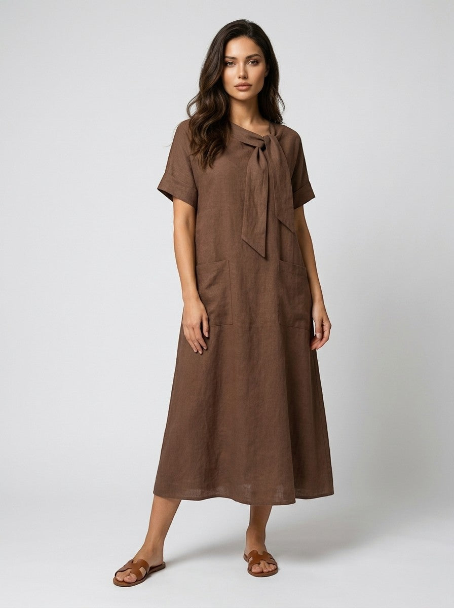 Robe maxi blanche élégante pour femme | Robe d'été charmante avec nœud chic au col