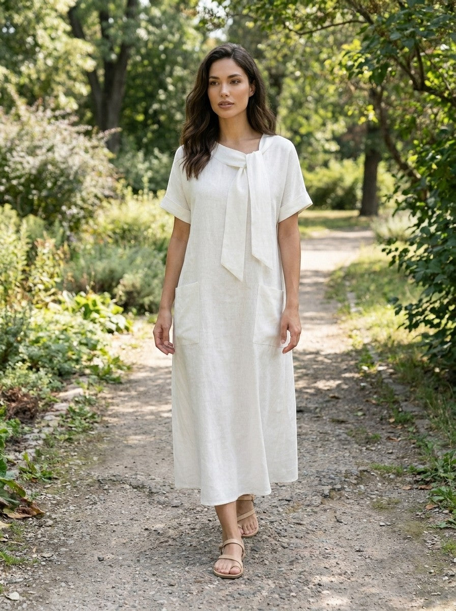 Women's Elegant White Maxi Dress | Charming Summer Dress with Chic Neck Tie