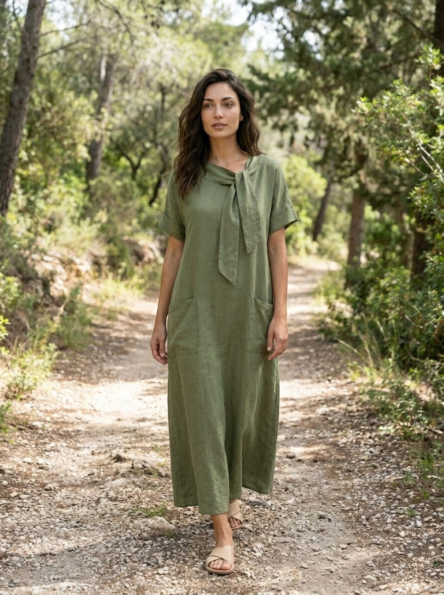 Robe maxi blanche élégante pour femme | Robe d'été charmante avec nœud chic au col