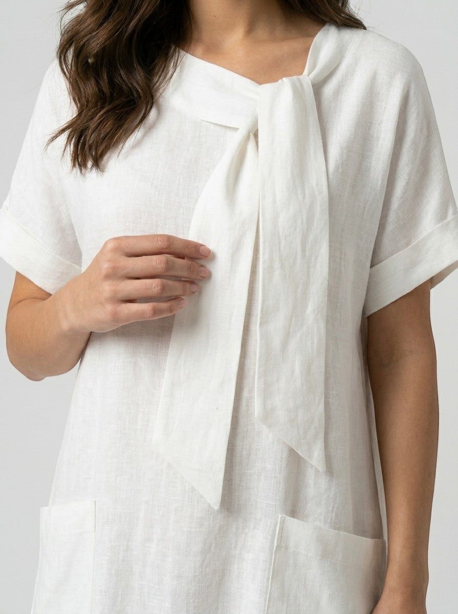 Robe maxi blanche élégante pour femme | Robe d'été charmante avec nœud chic au col