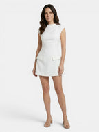 Womens Elegant White Mini Dress | Cap Sleeve Round Neck with Pockets 2