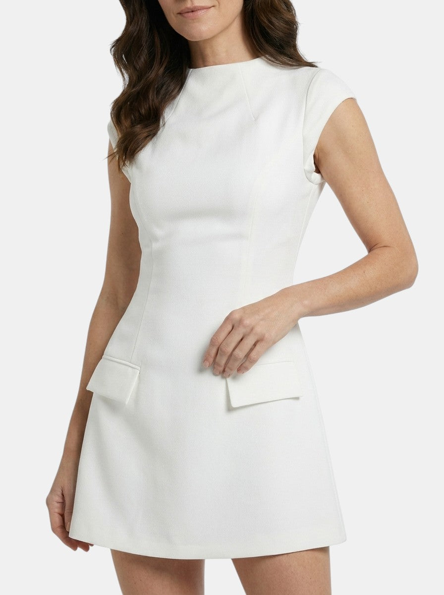 Womens Elegant White Mini Dress | Cap Sleeve Round Neck with Pockets 3