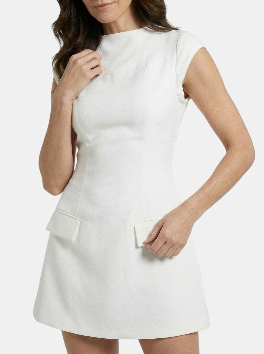 Womens Elegant White Mini Dress | Cap Sleeve Round Neck with Pockets 4