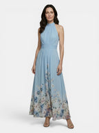 Womens Floral Border Print Maxi Dress | Elegant Halter Neck A-Line Summer Gown 2