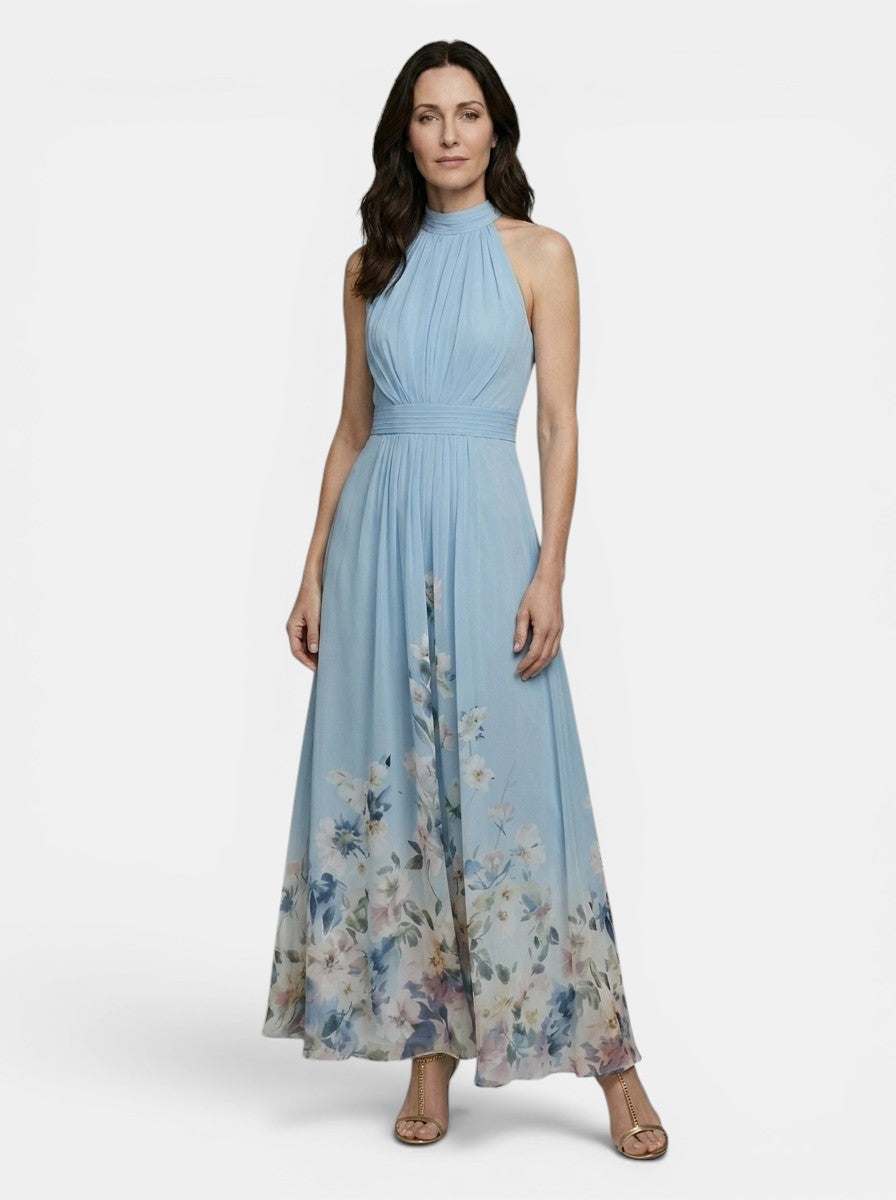 Womens Floral Border Print Maxi Dress | Elegant Halter Neck A-Line Summer Gown 2