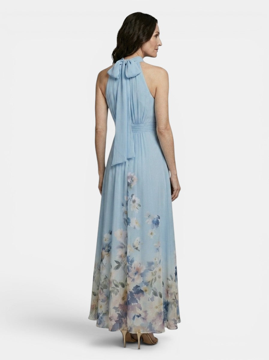 Womens Floral Border Print Maxi Dress | Elegant Halter Neck A-Line Summer Gown 4