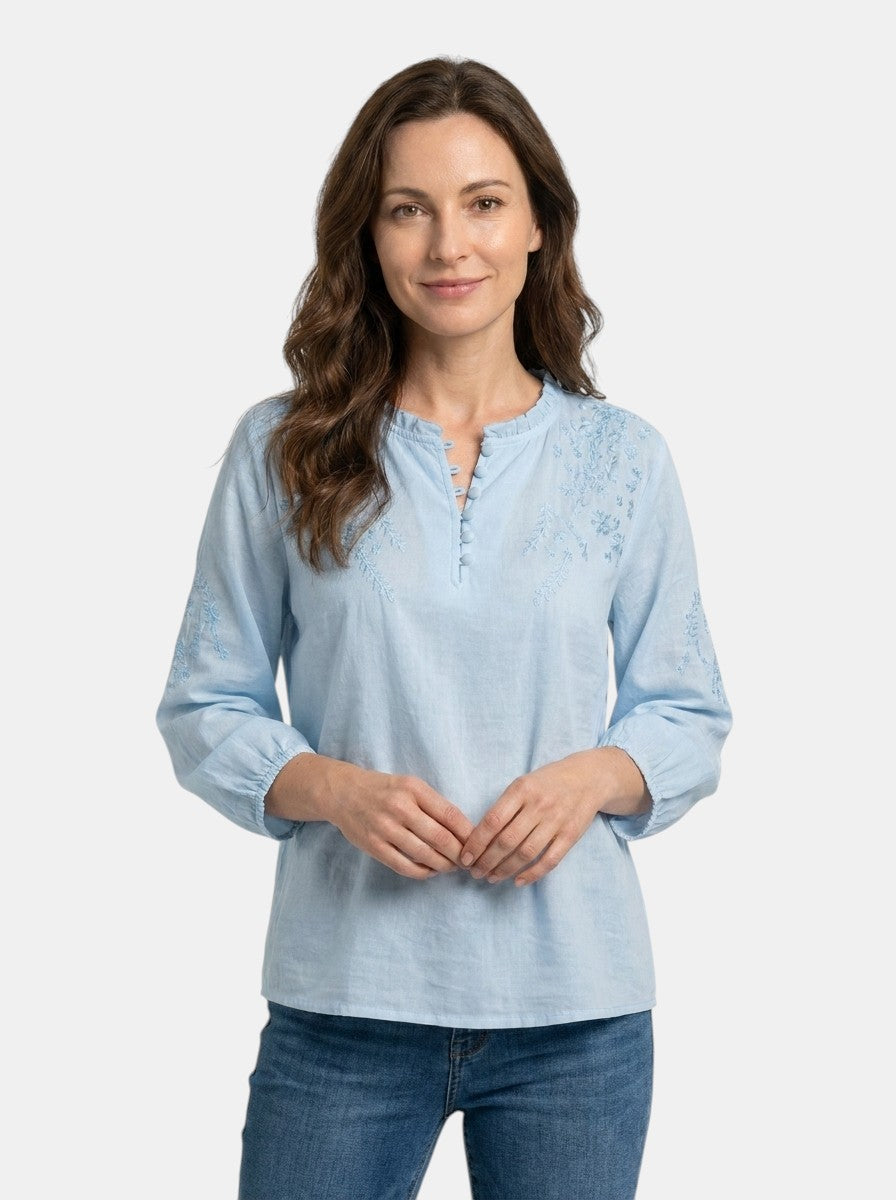 Blusa da donna ricamata con fiori | Top estivo leggero ed elegante con design classico a bottoni sul davanti