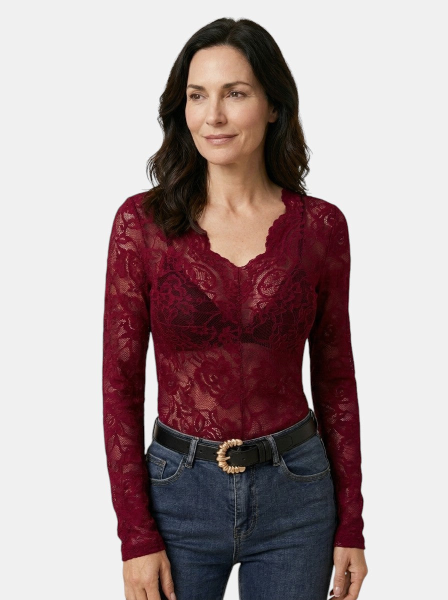 Womens Floral Lace Blouse | Elegant Slim Fit Long Sleeve Top for Spring and Summer 2
