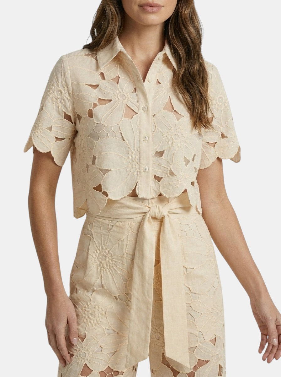 Conjunto de dos piezas para mujer con encaje floral | Top corto elegante con capa y pantalones de pierna ancha para primavera/verano
