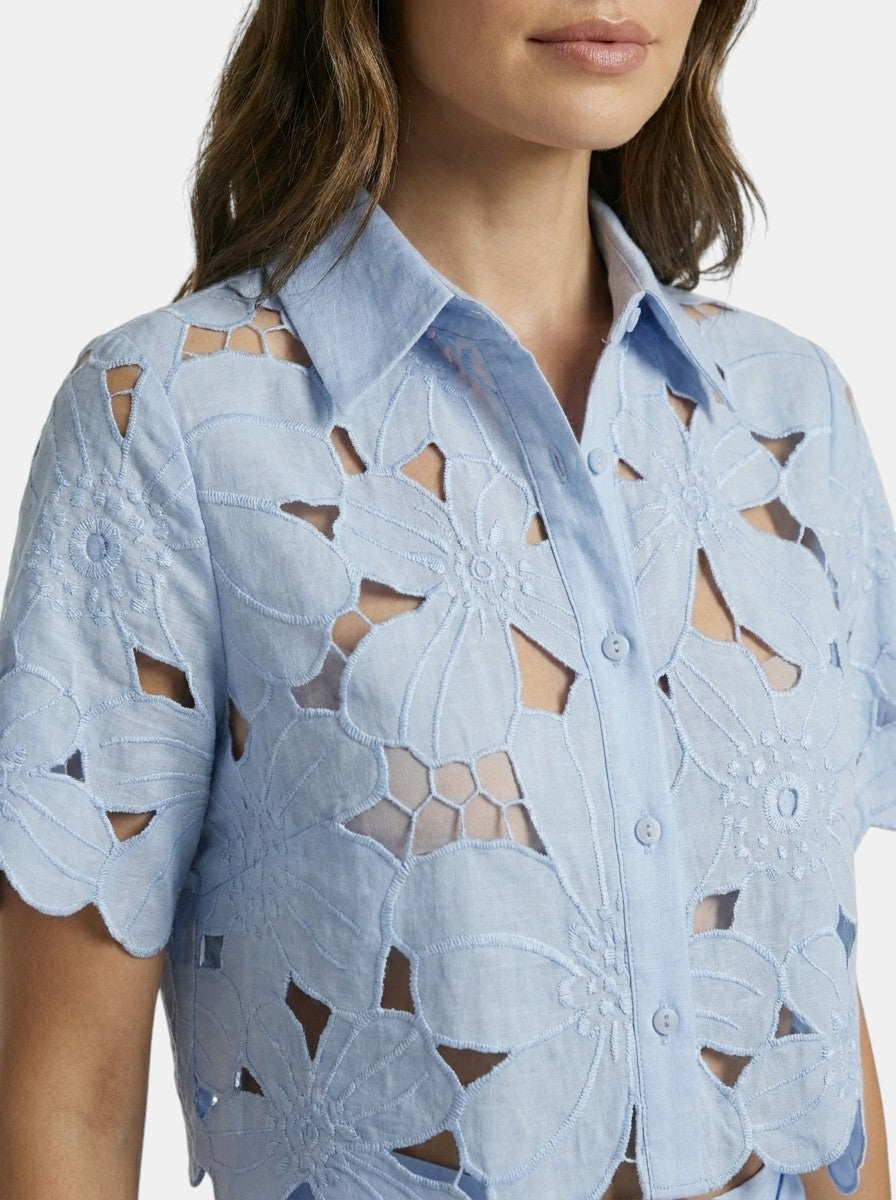 Conjunto de dos piezas para mujer con encaje floral | Top corto elegante con capa y pantalones de pierna ancha para primavera/verano