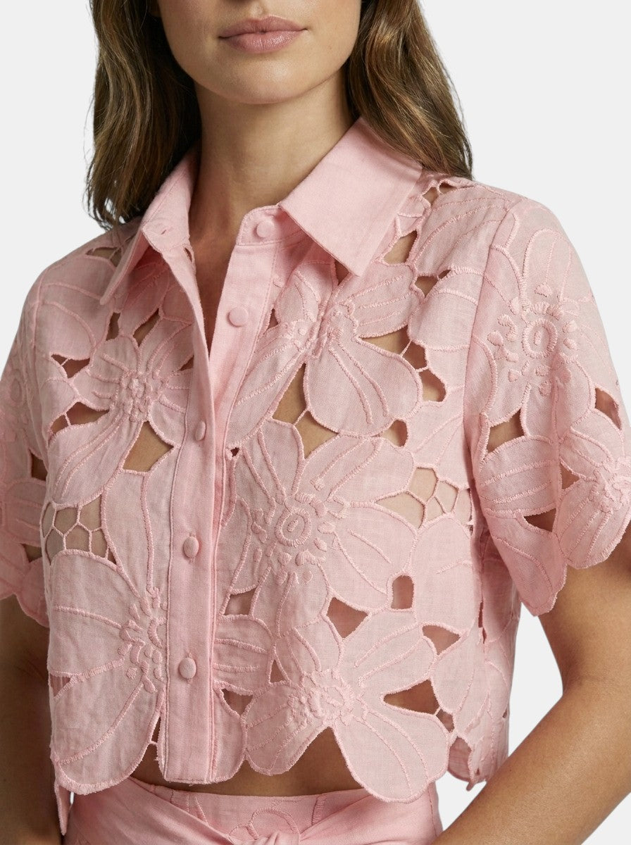 Conjunto de dos piezas para mujer con encaje floral | Top corto elegante con capa y pantalones de pierna ancha para primavera/verano