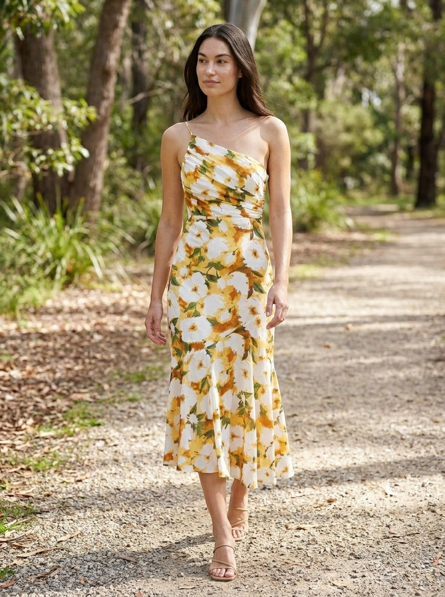 Women's Floral Midi Dress | Elegant Asymmetric Summer Cocktail Dress for Special Occasions