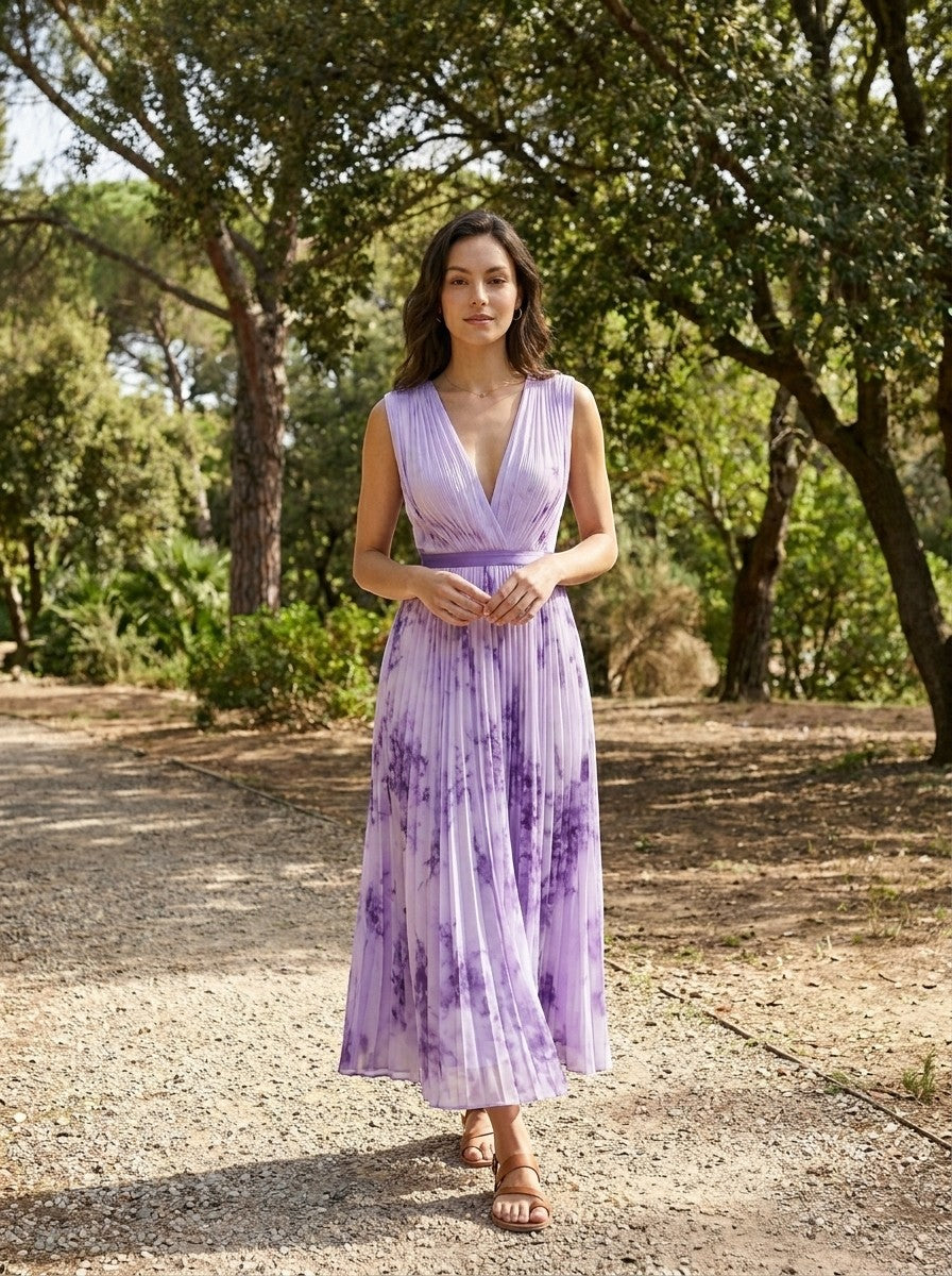 Women's Floral Pleated Maxi Dress | Elegant V-Neck Long Sleeve Summer Gown