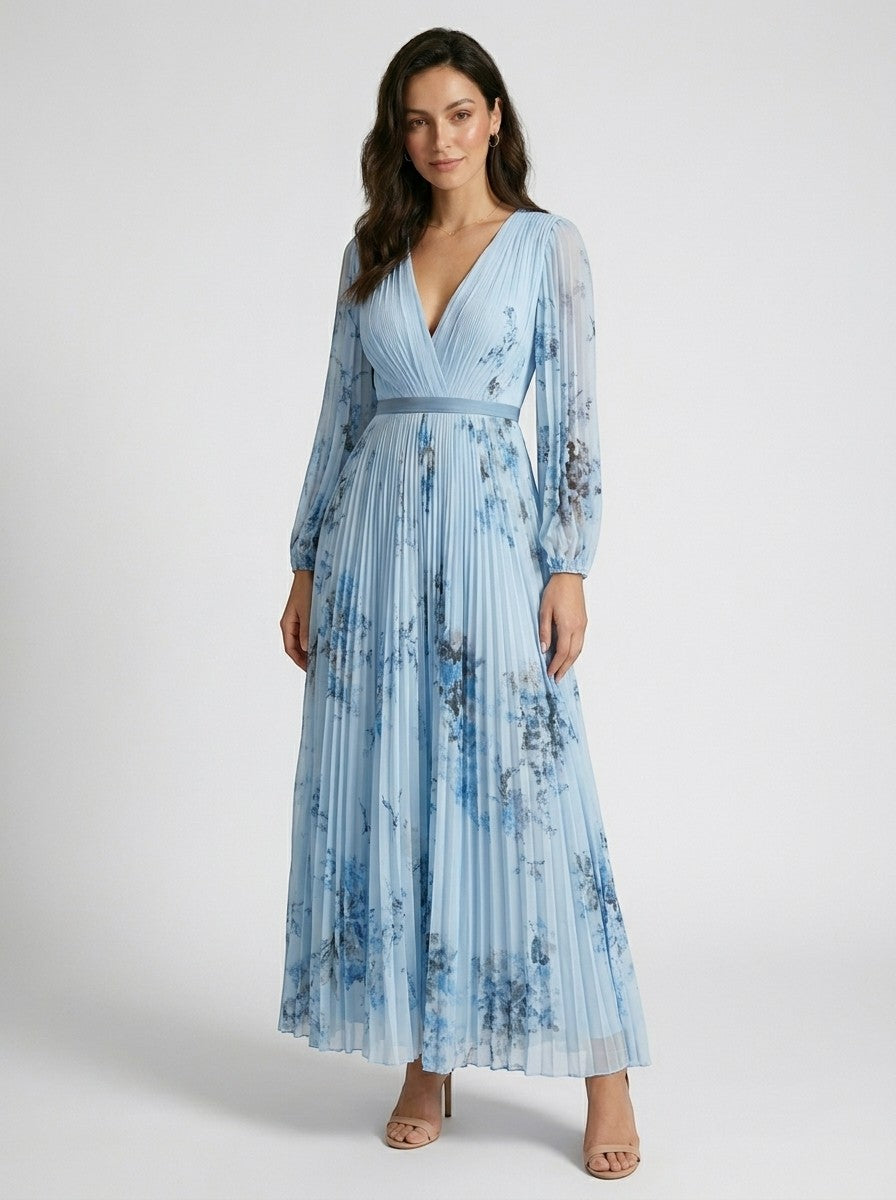 Robe maxi plissée à fleurs pour femme | Élégante robe d'été à manches longues et col en V