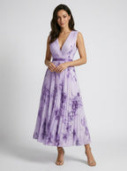 Women's Floral Pleated Maxi Dress | Elegant V-Neck Long Sleeve Summer Gown