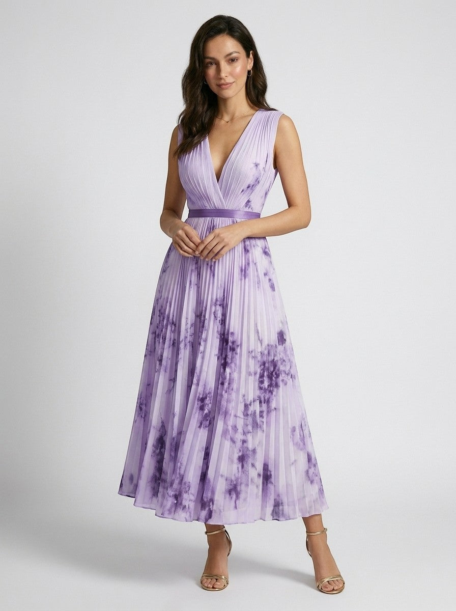 Robe maxi plissée à fleurs pour femme | Élégante robe d'été à manches longues et col en V
