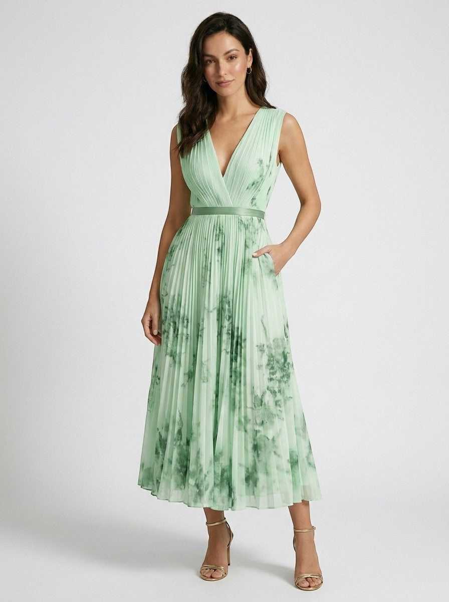 Robe maxi plissée à fleurs pour femme | Élégante robe d'été à manches longues et col en V