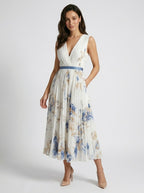 Women's Floral Pleated Maxi Dress | Elegant V-Neck Long Sleeve Summer Gown