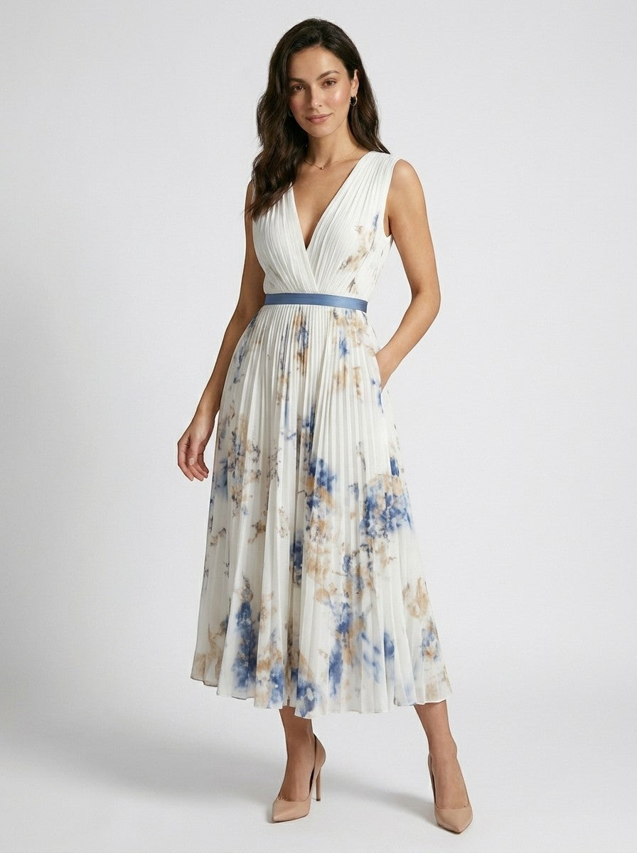Robe maxi plissée à fleurs pour femme | Élégante robe d'été à manches longues et col en V