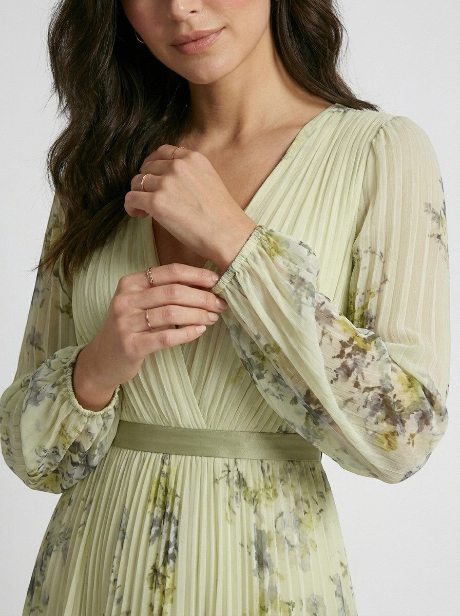 Robe maxi plissée à fleurs pour femme | Élégante robe d'été à manches longues et col en V