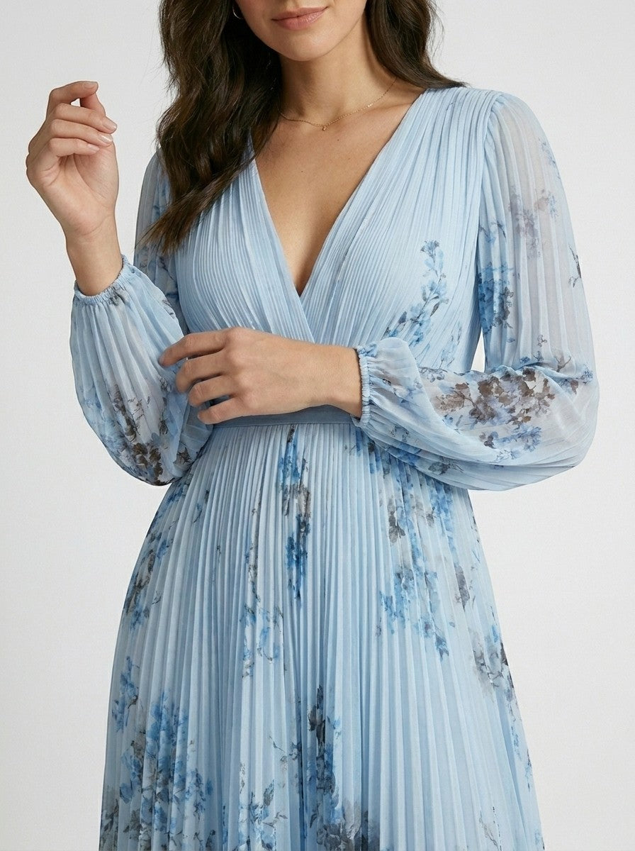 Robe maxi plissée à fleurs pour femme | Élégante robe d'été à manches longues et col en V