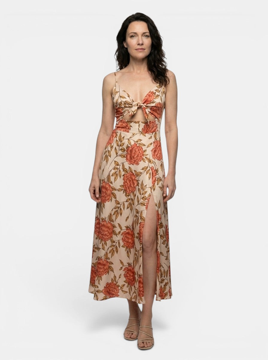 Womens Floral Print Midi Dress | Elegant Tie-Front Cutout Design for All-Season Style 6