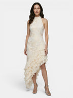 Womens Floral Textured Maxi Dress | Elegant Halter Neck Asymmetric Ruffle Gown 2