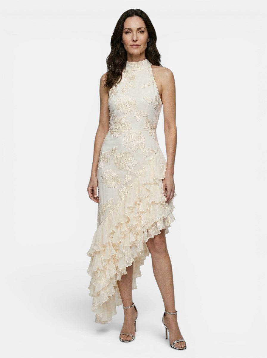 Womens Floral Textured Maxi Dress | Elegant Halter Neck Asymmetric Ruffle Gown 2