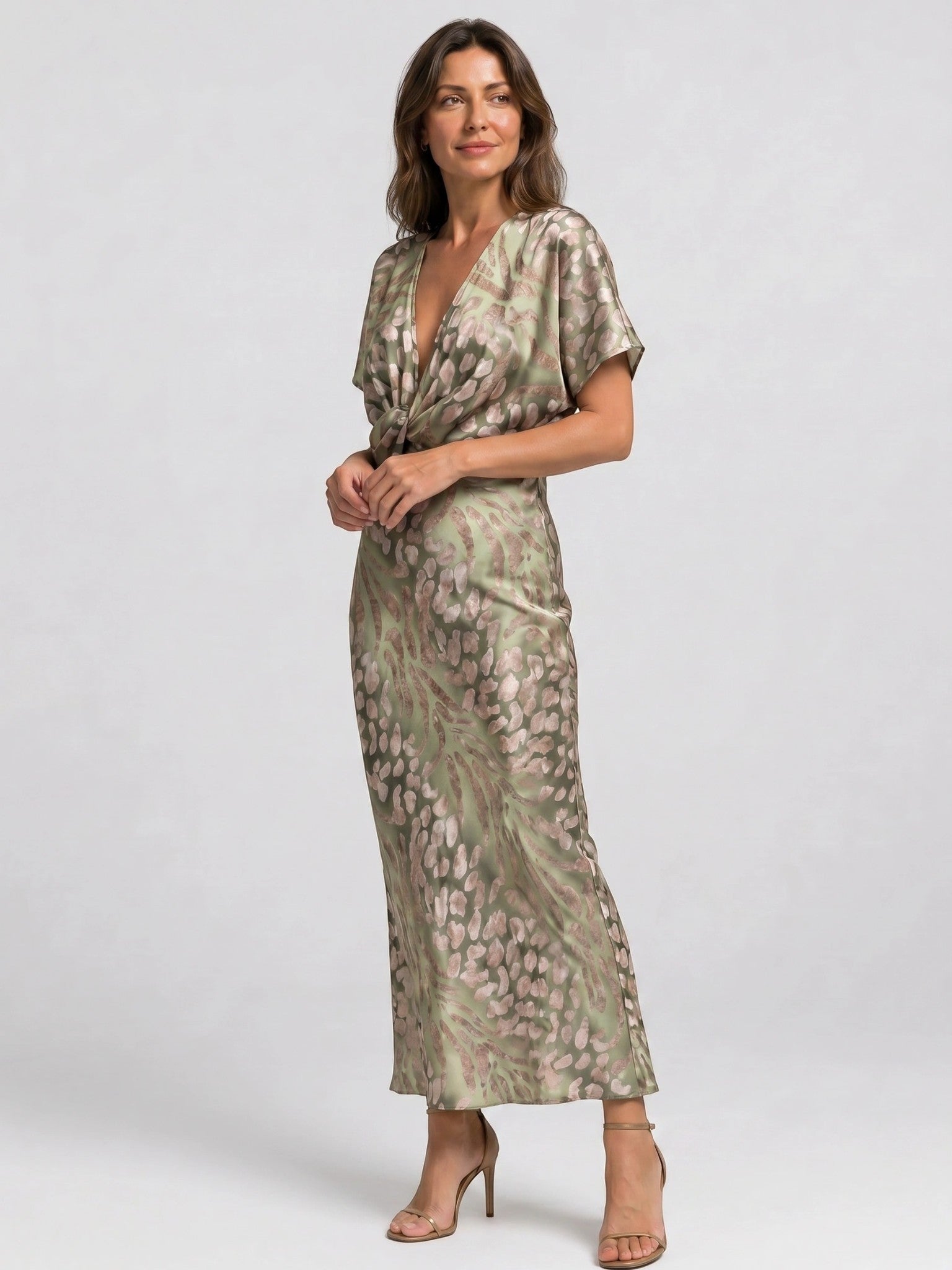 Abito lungo da donna in tessuto fluente con cintura | Elegante abito da sera formale con scollo attorcigliato