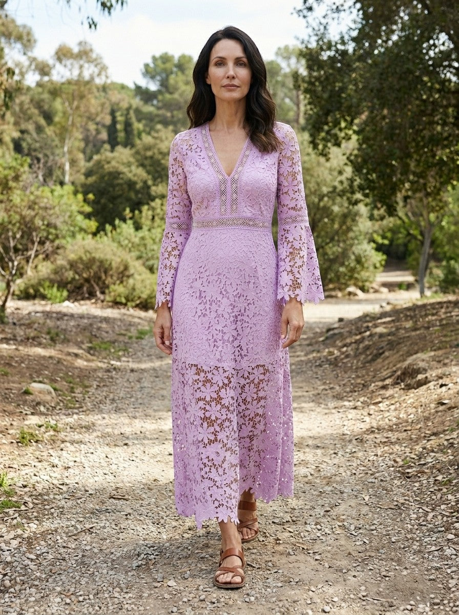 Womens Guipure Lace Evening Dress | Elegant Long Sleeve V-Neck Cocktail Gown 1