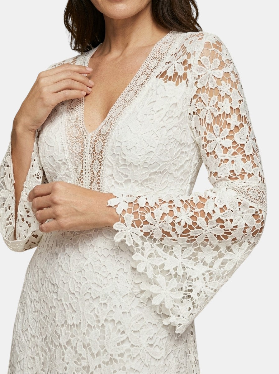 Womens Guipure Lace Evening Dress | Elegant Long Sleeve V-Neck Cocktail Gown 3