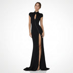 Vestido largo de mujer con cuello alto y abertura | Elegante vestido de noche formal ajustado