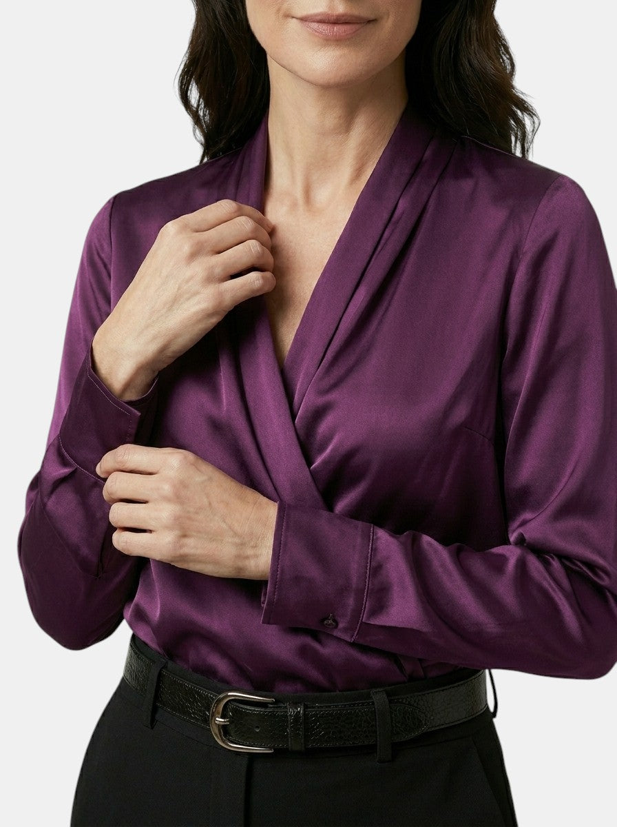 Womens High-Sheen Satin Blouse | Elegant Draped Crossover Long Sleeve Top 4