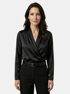 Womens High-Sheen Satin Blouse | Elegant Draped Crossover Long Sleeve Top 9